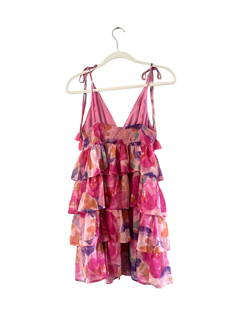 Meet Me In Santorini Pink Floral Tiered Ruffle Mini Dress M - Picture 3 of 6
